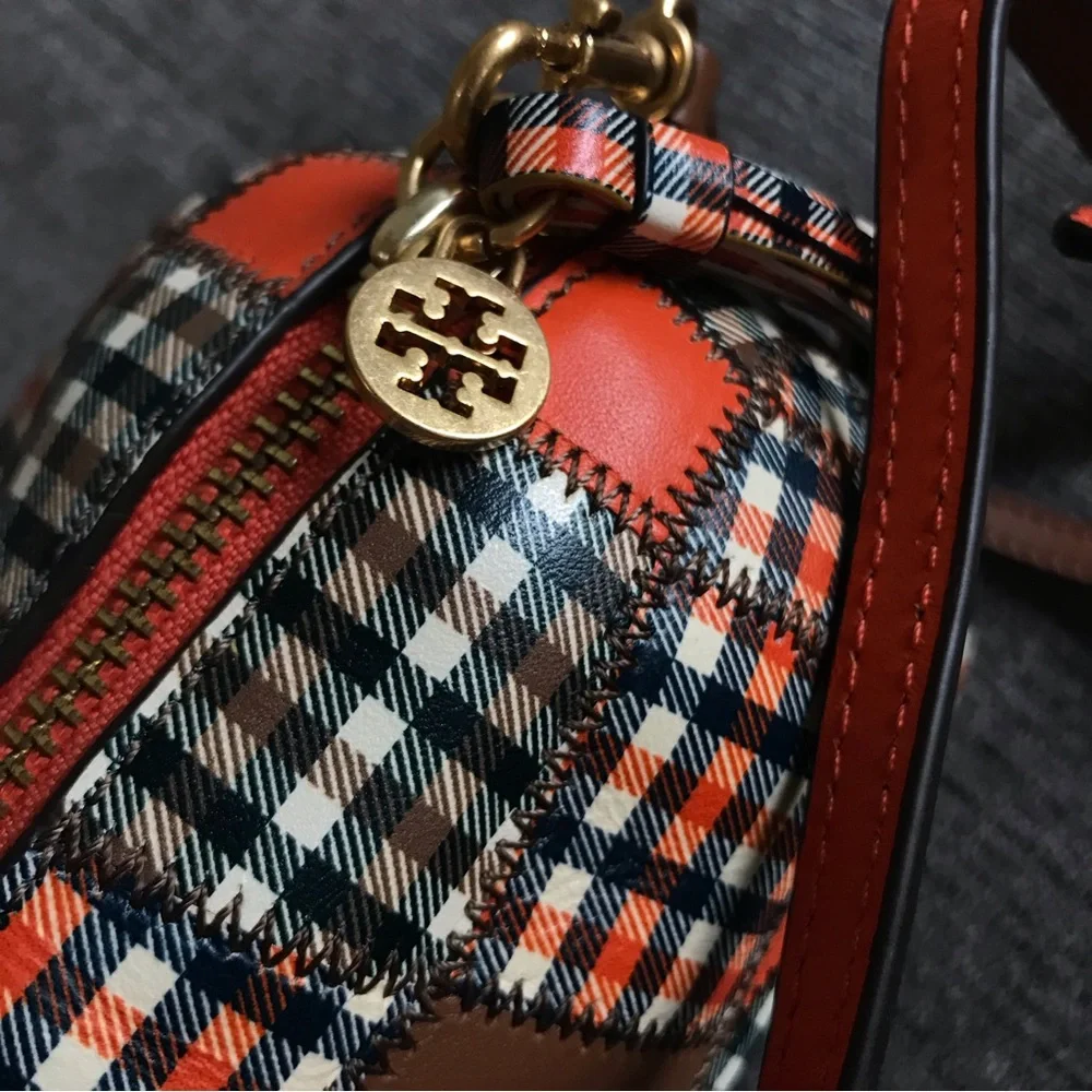 NWOT Tory Burch Peggy The Pig Leather Mini Bag Plaid - Picture 3 of 8